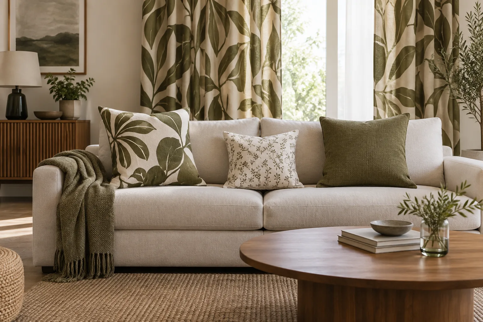 Trois coussins aux motifs de tailles différentes et à la texture unie répartis devant un rideau à grand dessin.