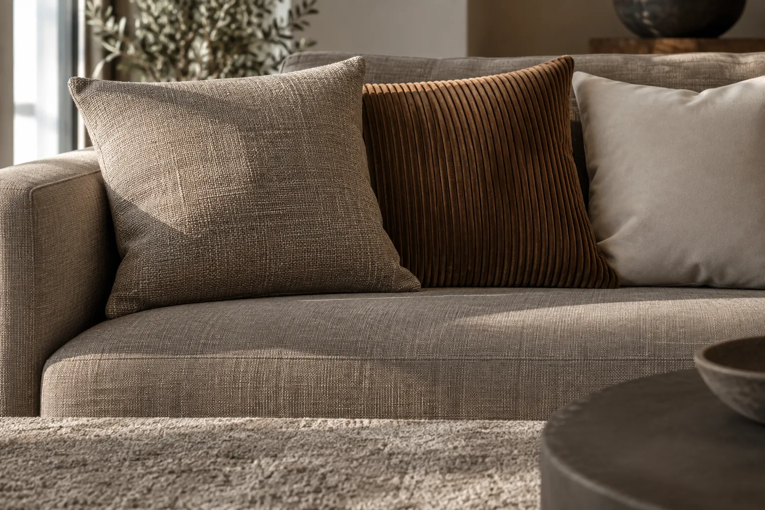 Coussins en toile texturée, velours côtelé et tissu lisse posés devant un tapis à poil ras.