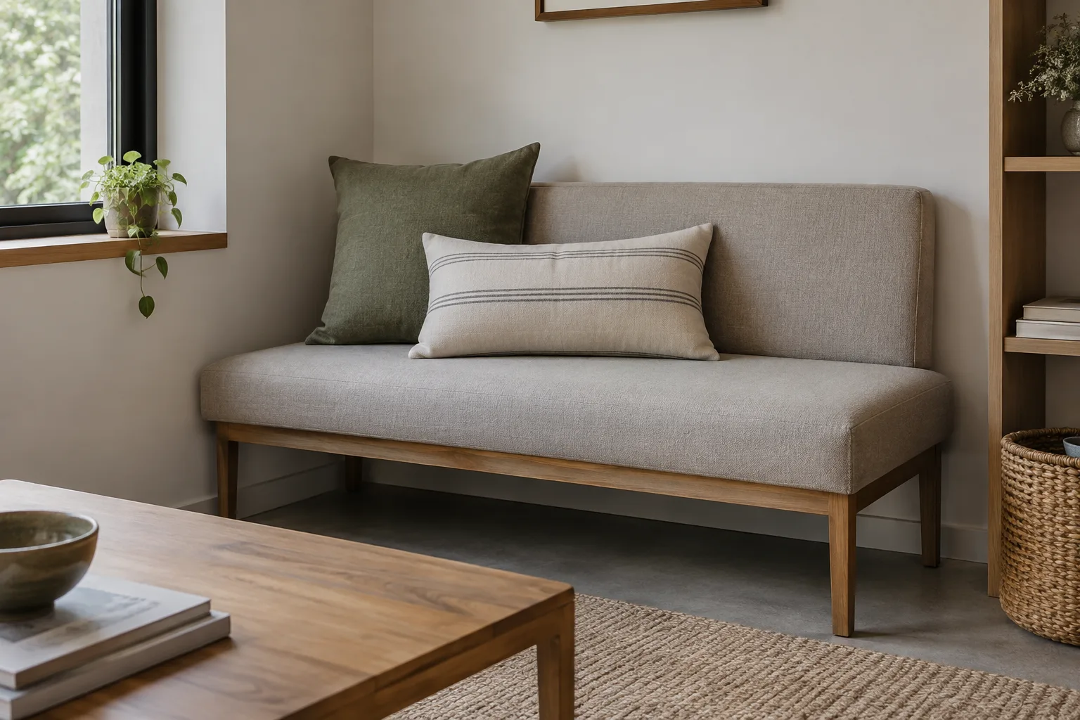 Deux coussins de formes différentes disposés sur une banquette étroite dans un angle de salon.