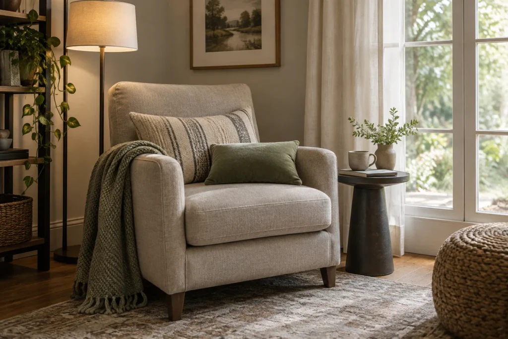 Fauteuil en tissu près d’une fenêtre, avec un coussin de dossier et un coussin d’assise dans un coin lecture.