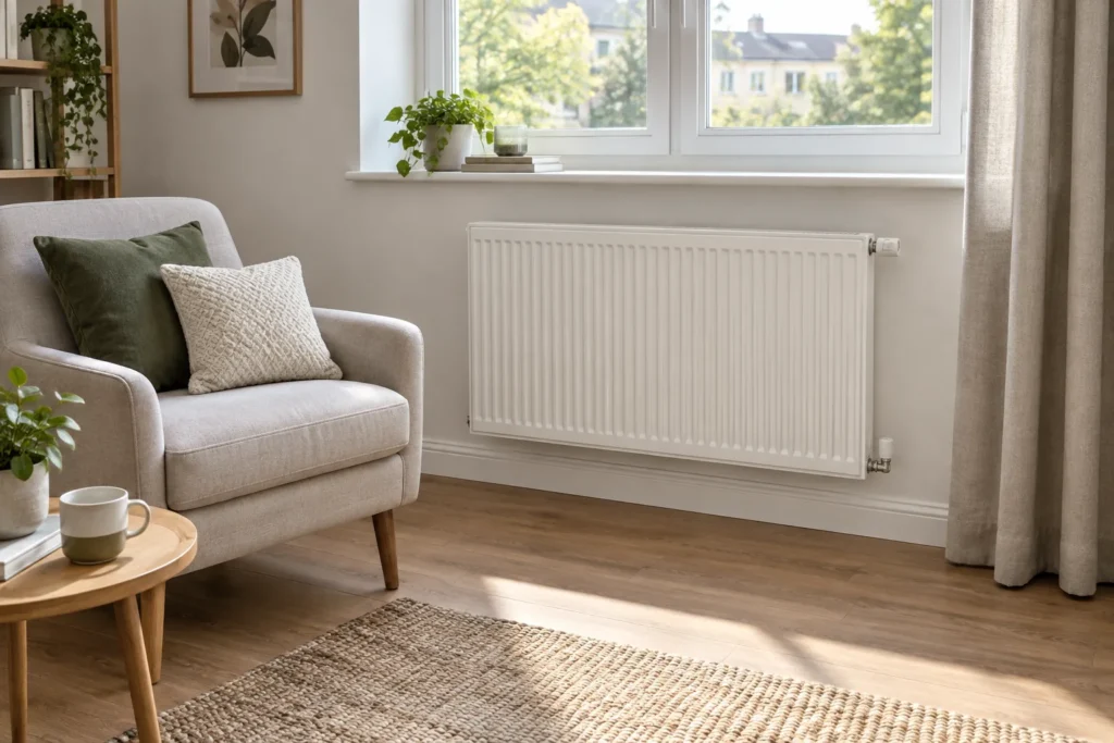 Un fauteuil garni de coussins placé à côté d’un radiateur mural dégagé.