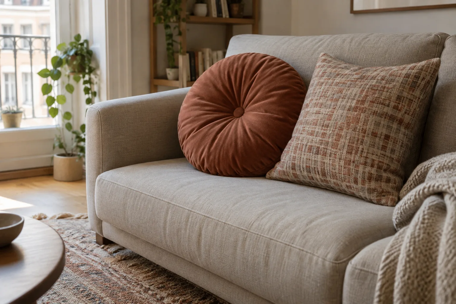 Un coussin rond uni et un coussin carré à motif reprennent les couleurs d’un tapis dans un coin salon.
