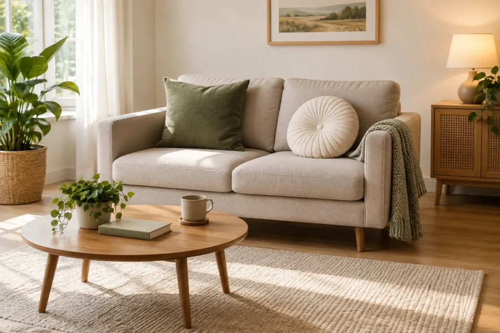 Un coussin rond et un coussin carré disposés sur un canapé compact dans un salon lumineux.