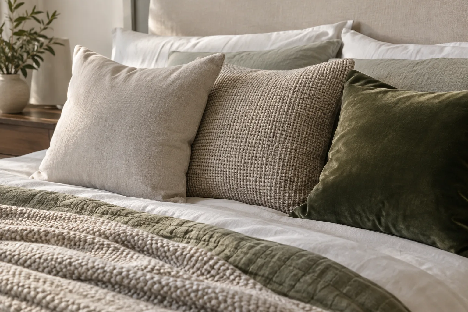 Des housses de coussins en toile, en tissu texturé et en velours sont posées sur un lit.