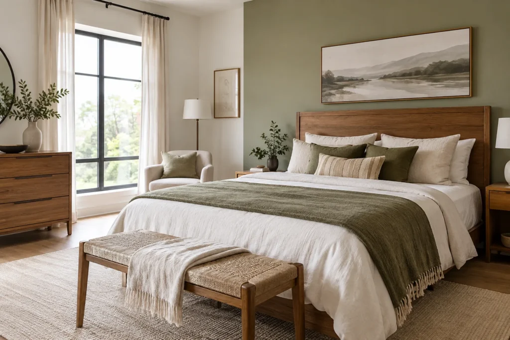 Un lit clair est habillé de coussins décoratifs de différentes tailles devant une tête de lit en bois.