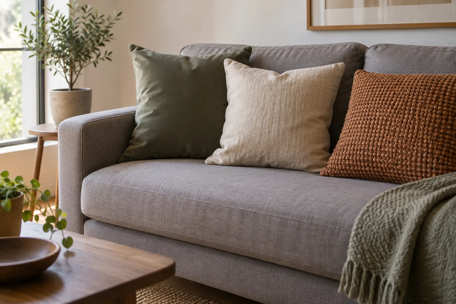 Trois coussins de textures différentes posés sur un canapé compact éclairé par une fenêtre.