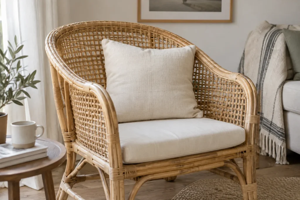 Fauteuil en rotin clair avec un coussin carré écru posé sur l’assise, près d’une fenêtre.