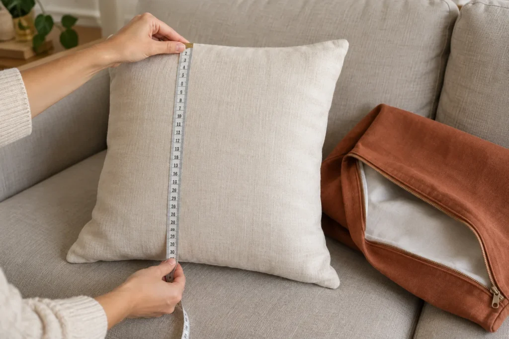 Un mètre ruban posé sur un coussin carré écru, près d’une housse terre cuite ouverte.