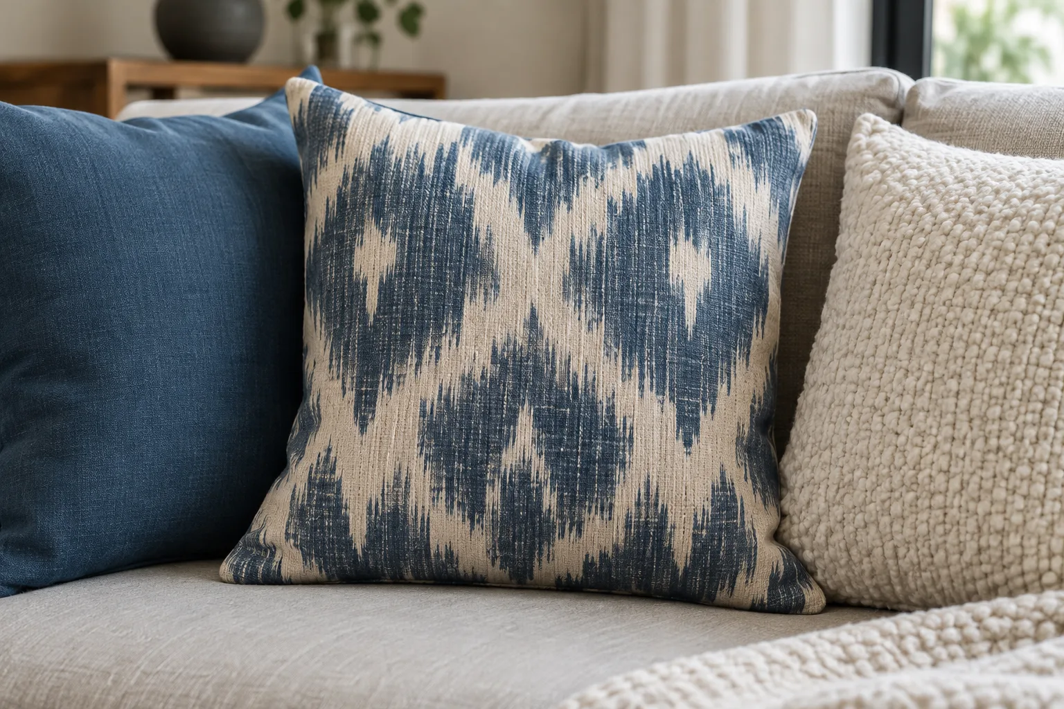Un coussin ikat côtoie une toile mate et un coussin uni au relief marqué.