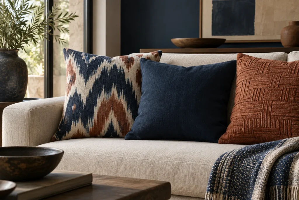 Coussins ikat bleus et écrus associés à un coussin uni mat et à un textile en relief sur un canapé.