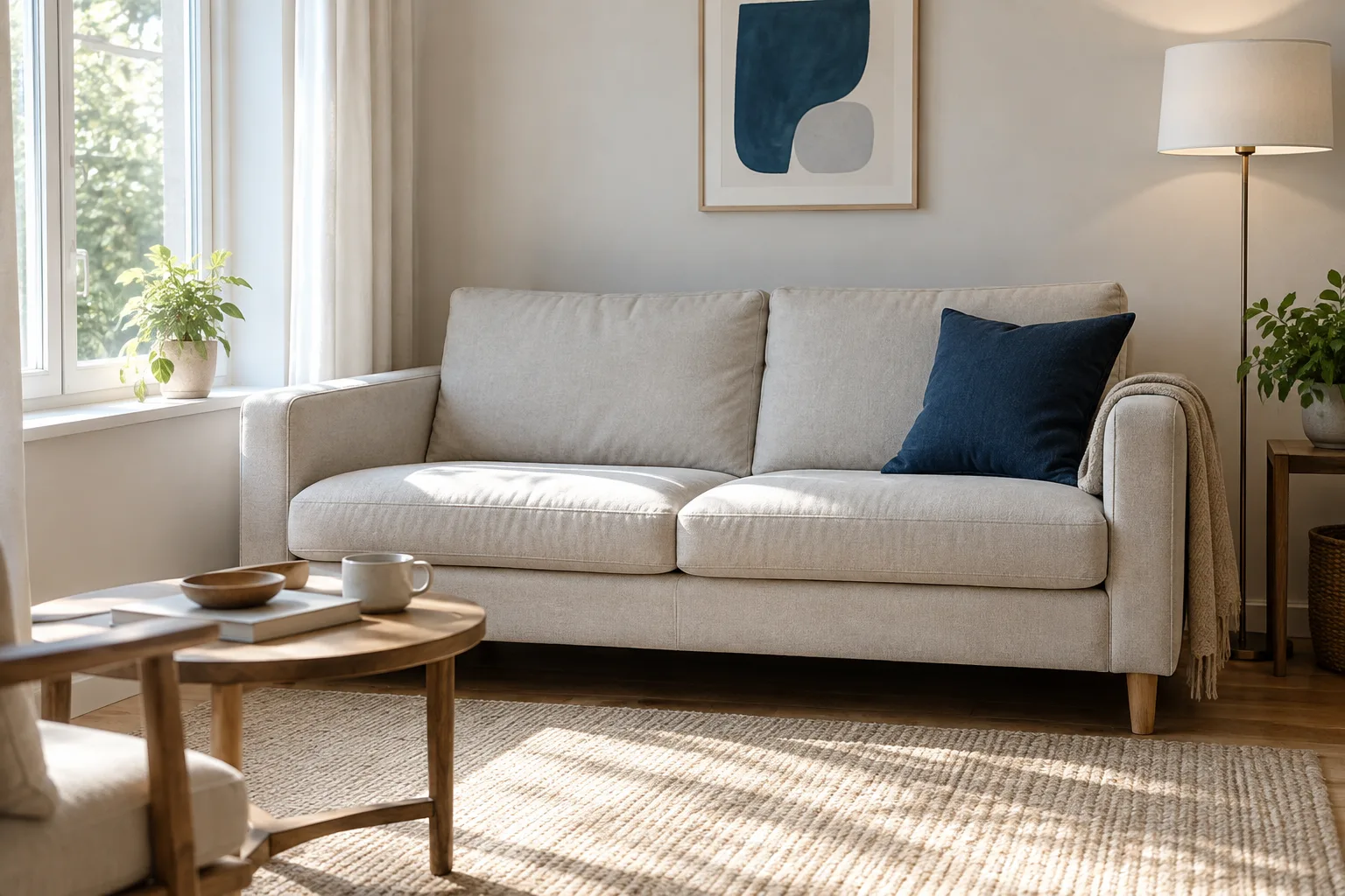 Un coussin bleu profond se détache sur un canapé clair, avec une affiche qui reprend discrètement sa couleur.