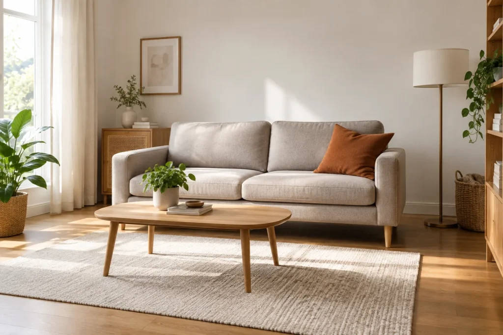 Un coussin terracotta posé à l’extrémité d’un canapé clair dans un petit salon.
