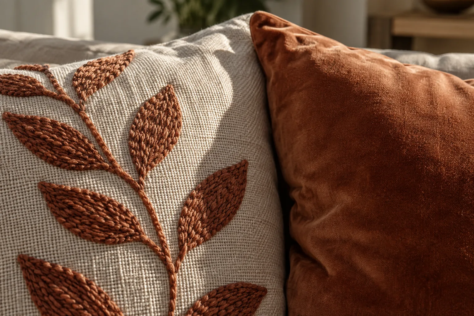 Détail d’un coussin brodé sur toile mate posé contre un coussin uni en velours.