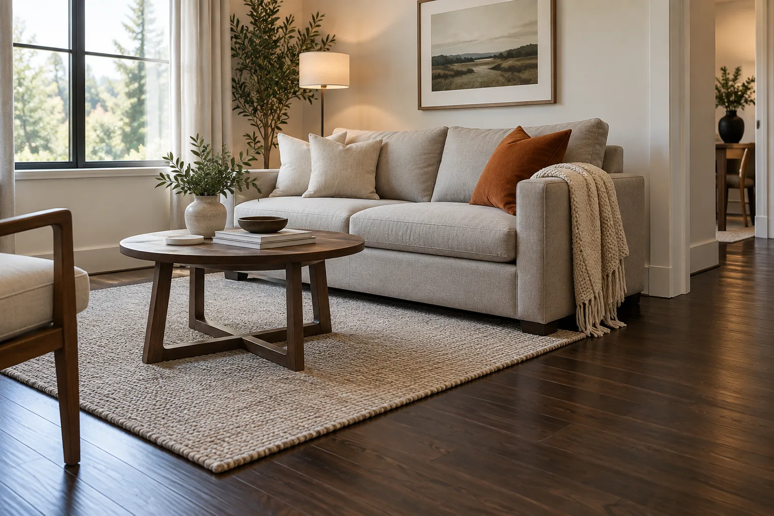 Canapé beige et coussins ivoire avec un accent rouille sur un parquet foncé.
