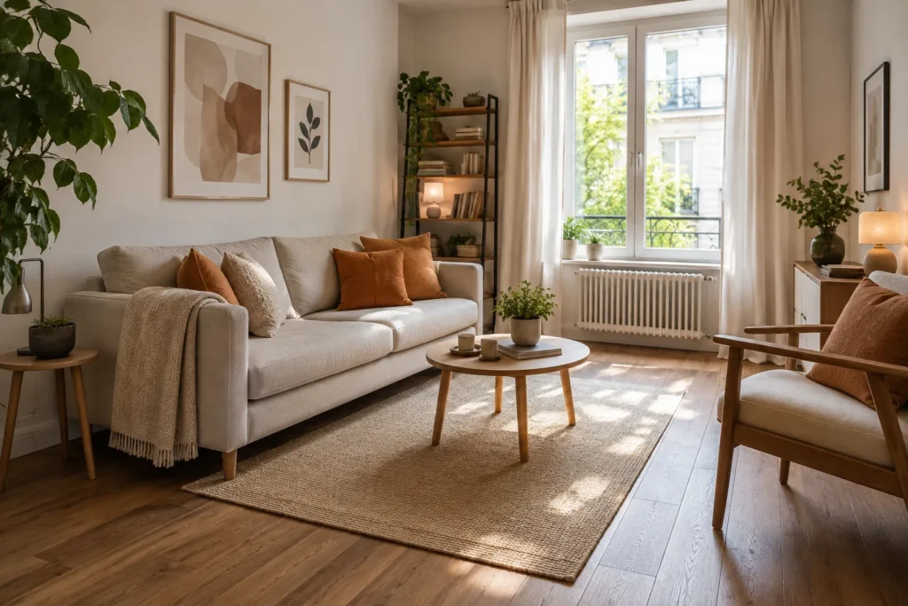 Canapé clair garni de coussins écrus et vert doux devant un parquet en bois brun.