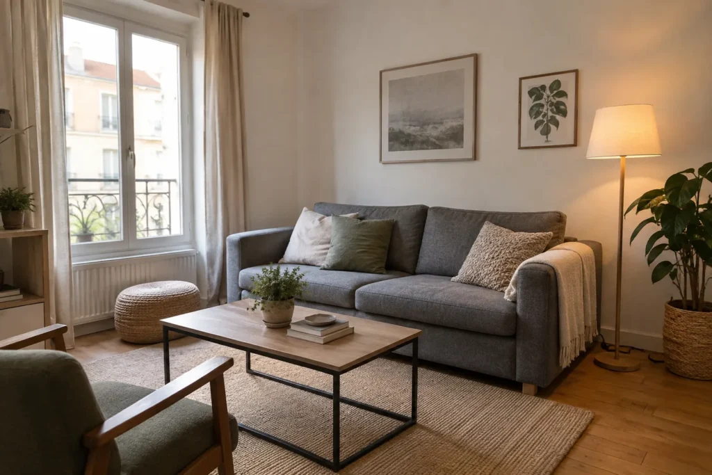 Un canapé dans un petit salon lumineux, décoré de quelques coussins aux couleurs coordonnées.
