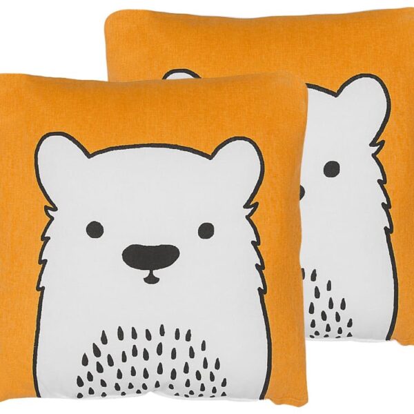 Coussins décoratifs Beliani carrés orange à motif ours bicolore pour chambre d’enfant