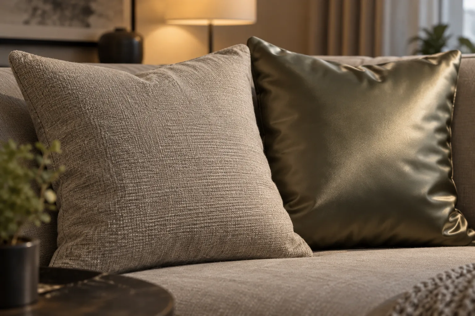 Un coussin mat à texture fine placé à côté d’un coussin satiné qui capte un reflet doux.