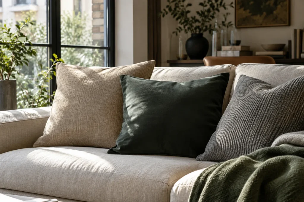 Trois coussins sable, vert et gris posés sur un canapé, leurs surfaces mates, lisses et texturées éclairées par une fenêtre.