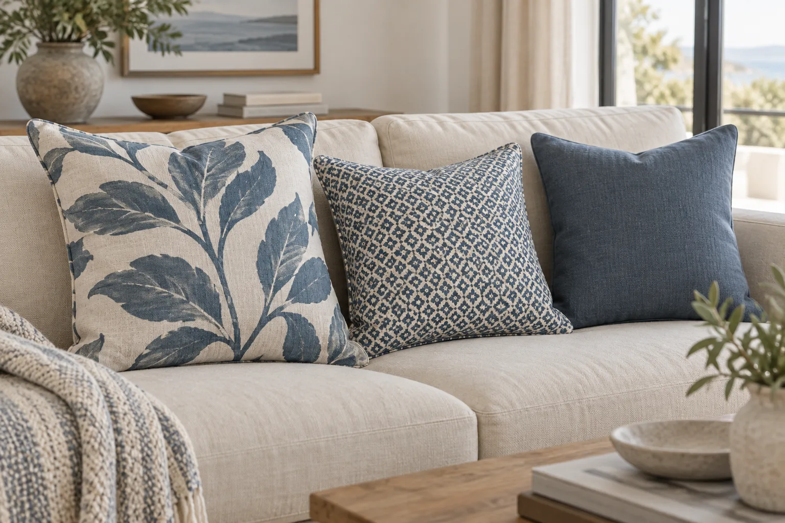 Un coussin à larges formes végétales côtoie un coussin géométrique à petit motif et un modèle uni.