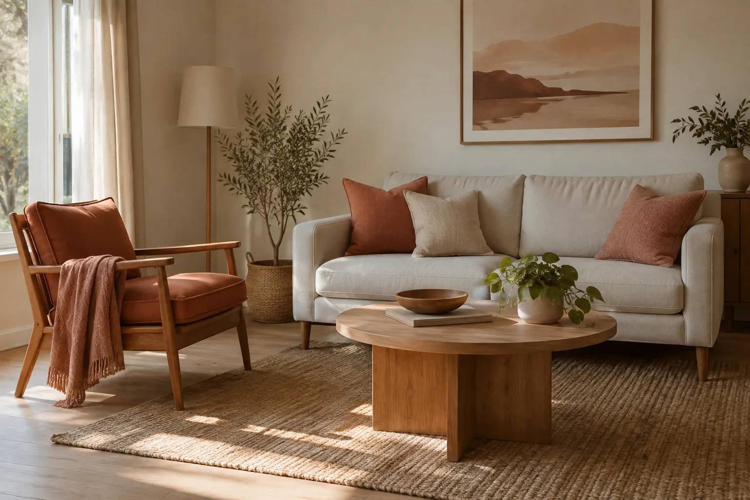 Des coussins aux nuances coordonnées relient un canapé neutre à un fauteuil en bois.