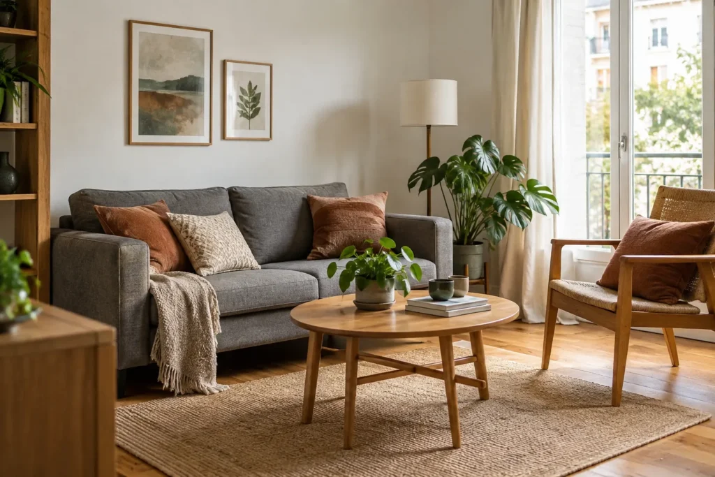 Un canapé gris et un fauteuil en bois de styles différents sont reliés par des coussins aux couleurs coordonnées.