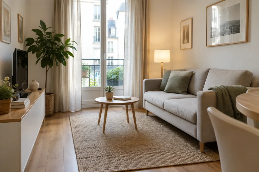 Un canapé étroit accompagné de deux coussins aux tons doux, avec un passage libre devant.