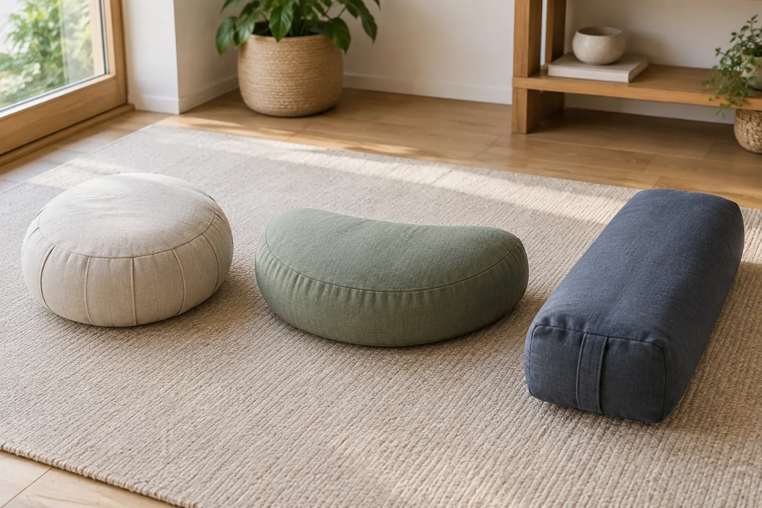 Coussin rond, coussin en demi-lune et support allongé disposés sur un tapis.