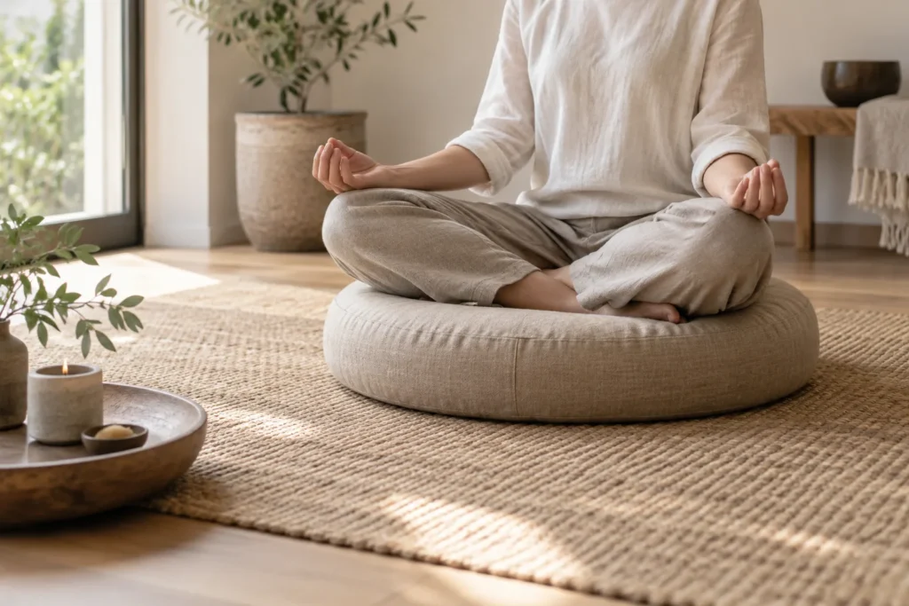 Coussin rond posé sur un tapis devant un mur clair, avec une personne assise en tailleur.