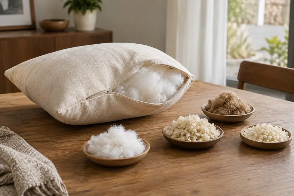 Un coussin écru ouvert laisse voir son garnissage, avec des échantillons de matières posés à côté.