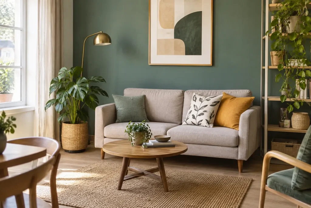 Canapé compact garni de coussins unis et à motifs devant un mur vert sauge, dans un coin salon lumineux.