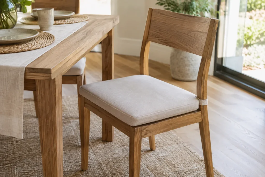 Coussin d’assise beige fixé par des liens sur une chaise en bois placée près d’une table de salle à manger.