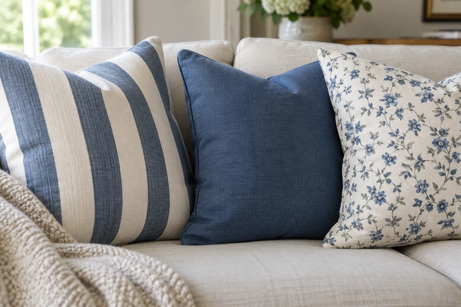 Un coussin à rayures bleues et écrues est placé à côté d’un coussin floral à petites fleurs, séparés par un coussin uni.