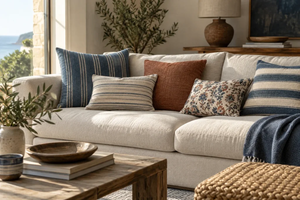 Sur un canapé clair, des coussins à rayures horizontales et verticales côtoient un coussin uni texturé et un petit motif floral.
