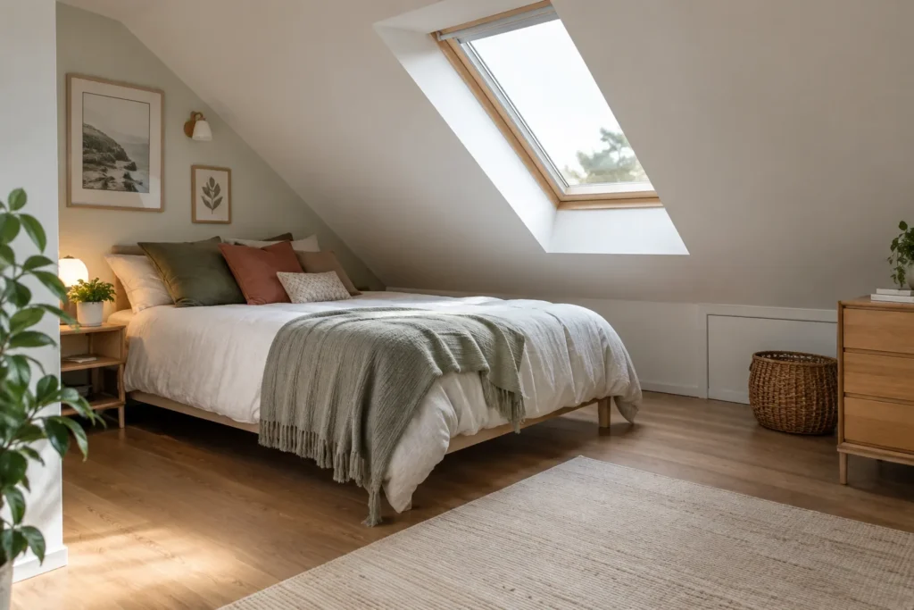 Un lit sous un toit en pente, avec quelques coussins rangés contre le mur et le passage laissé libre.