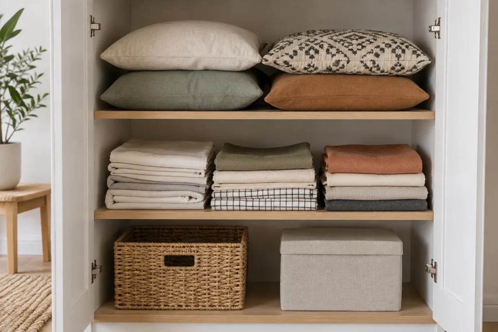 Des coussins décoratifs posés à plat sur une étagère, près de housses pliées dans une armoire ouverte.