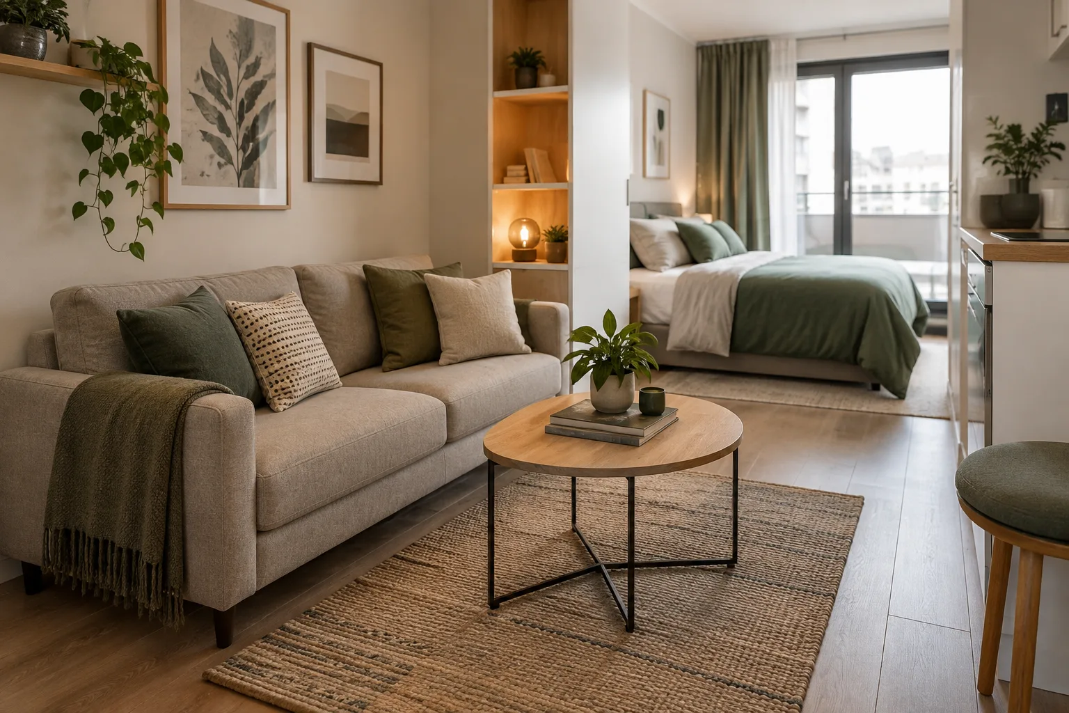 Quelques coussins aux extrémités d’un canapé étroit dessinent un coin salon dans un studio où le lit reste visible.