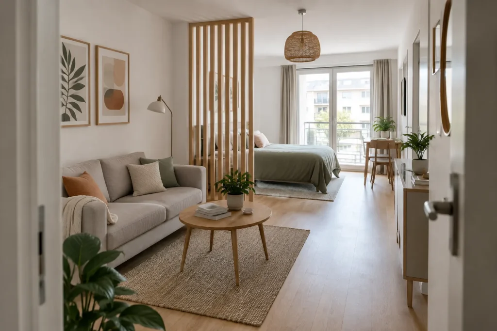 Dans un studio lumineux, un canapé garni de coussins coordonnés fait face à un lit placé en arrière-plan.