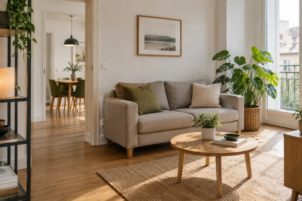 Un canapé compact avec deux coussins aux tons doux, placé près d’une plante verte et d’une fenêtre dans un petit salon.