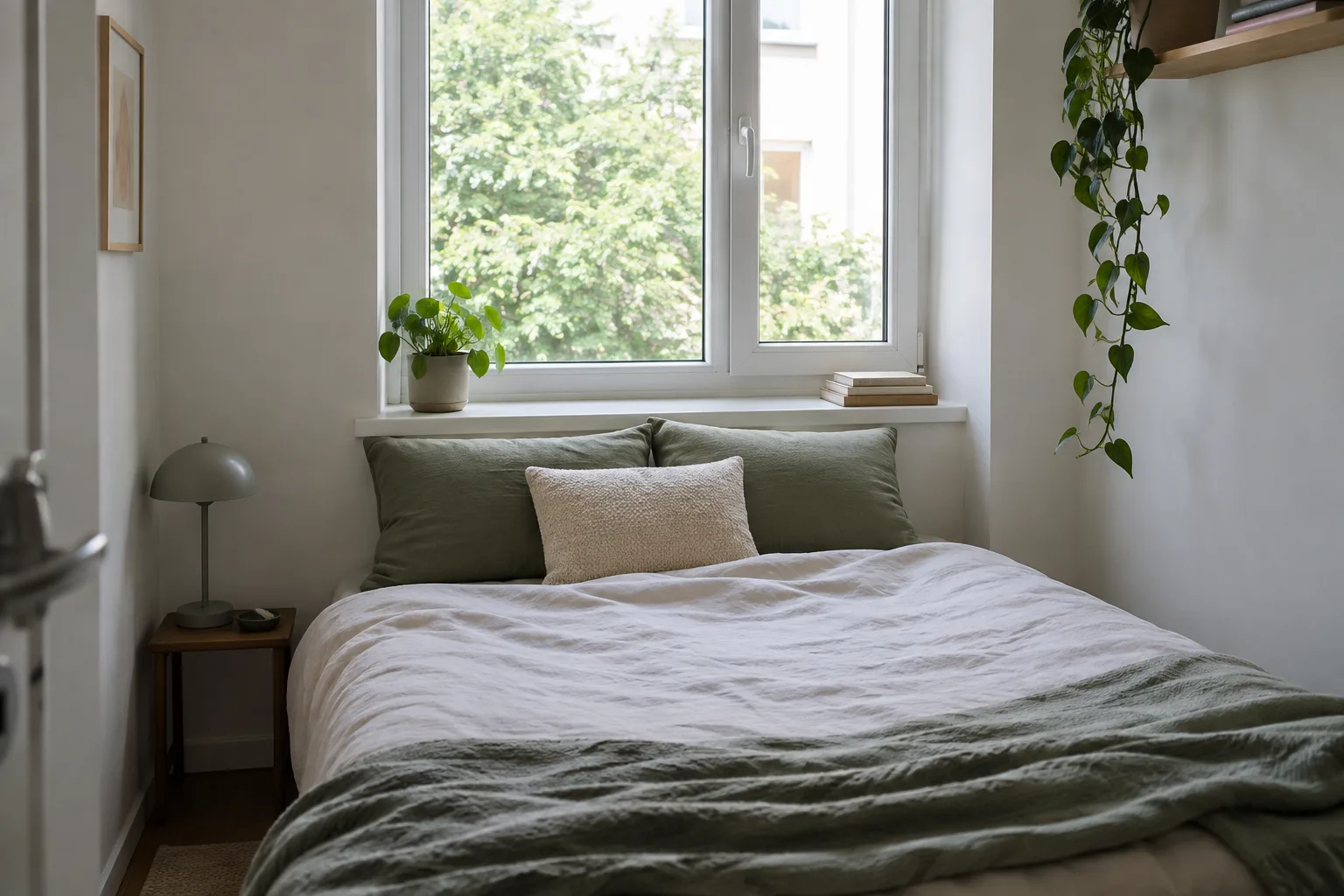 Des coussins bas sur un lit placé sous une fenêtre dégagée.