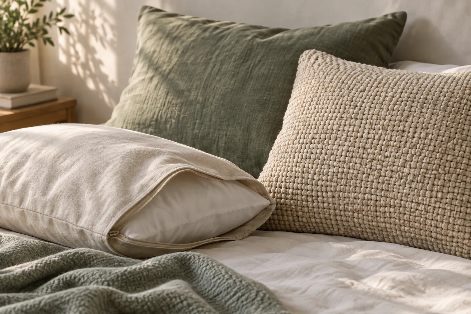 Deux housses de coussin aux textures différentes posées sur un lit clair.