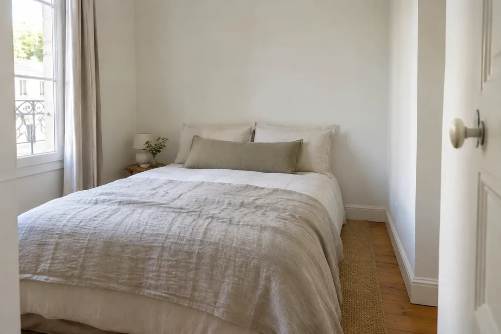 Lit à linge clair contre un mur blanc, avec un long coussin rectangulaire posé en dossier.