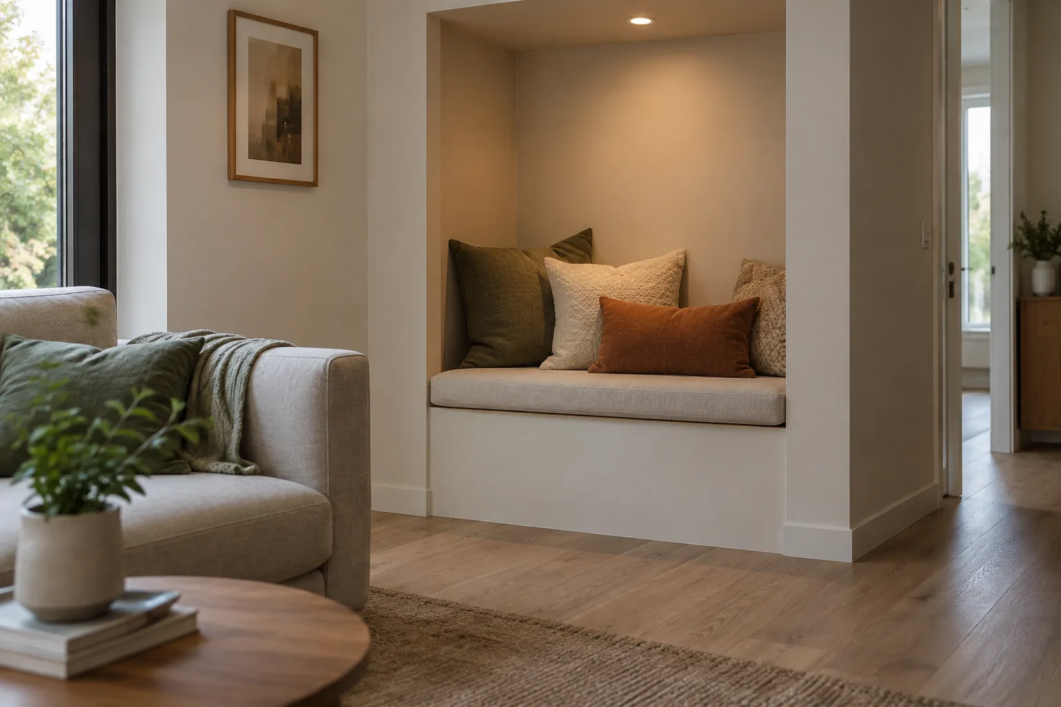 Des coussins de formes différentes restent à l’intérieur d’une alcôve, tandis que le passage devant demeure libre.