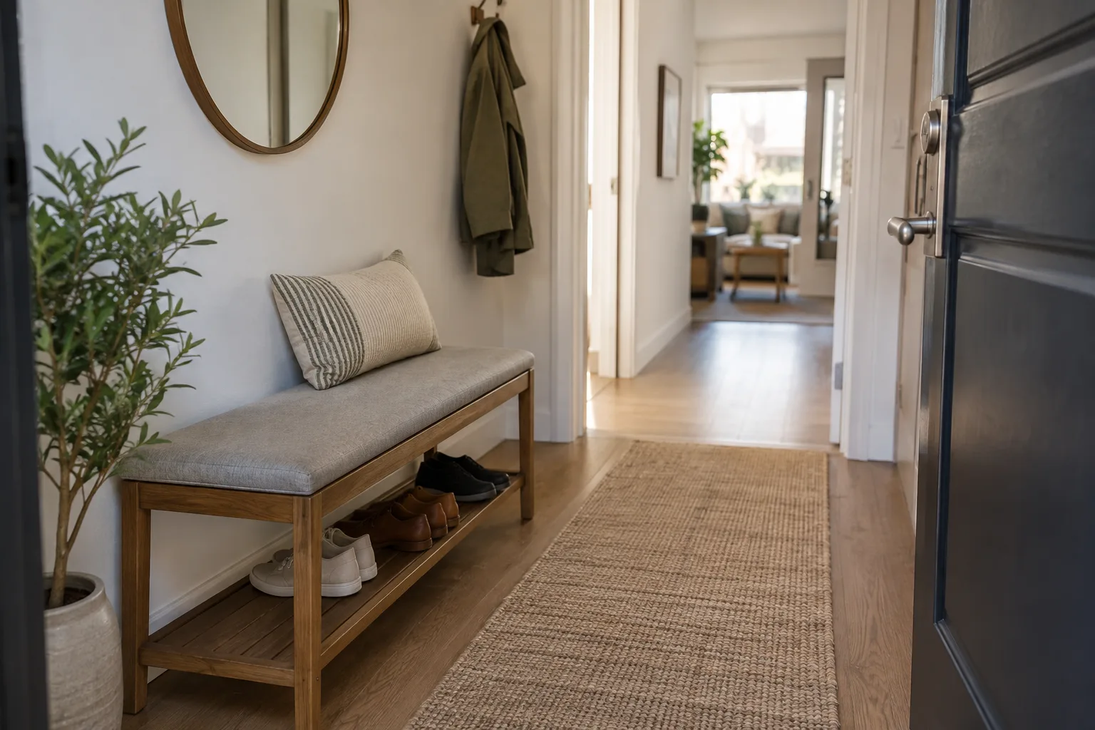 Une banquette étroite avec un coussin rectangulaire et une partie de l'assise laissée libre.