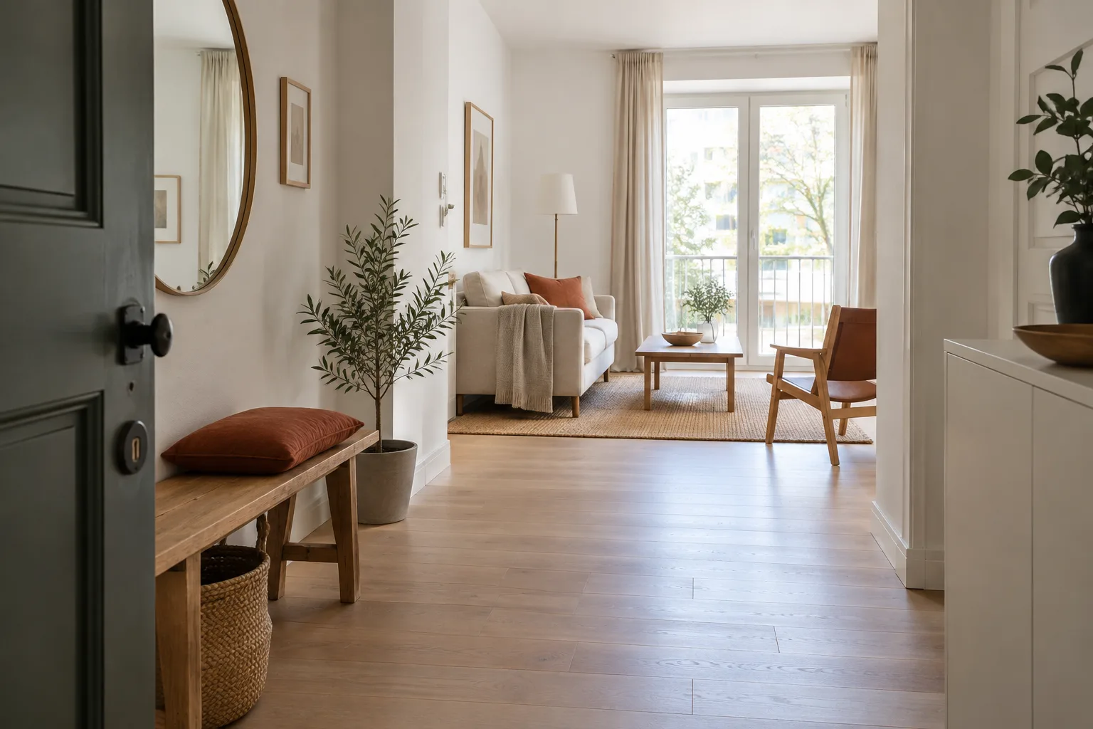 Un banc avec un coussin coordonné au coin salon dans une entrée ouverte et dégagée.