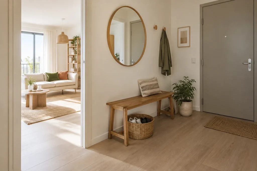 Un coussin sobre posé sur un banc en bois dans une petite entrée où le passage reste dégagé.