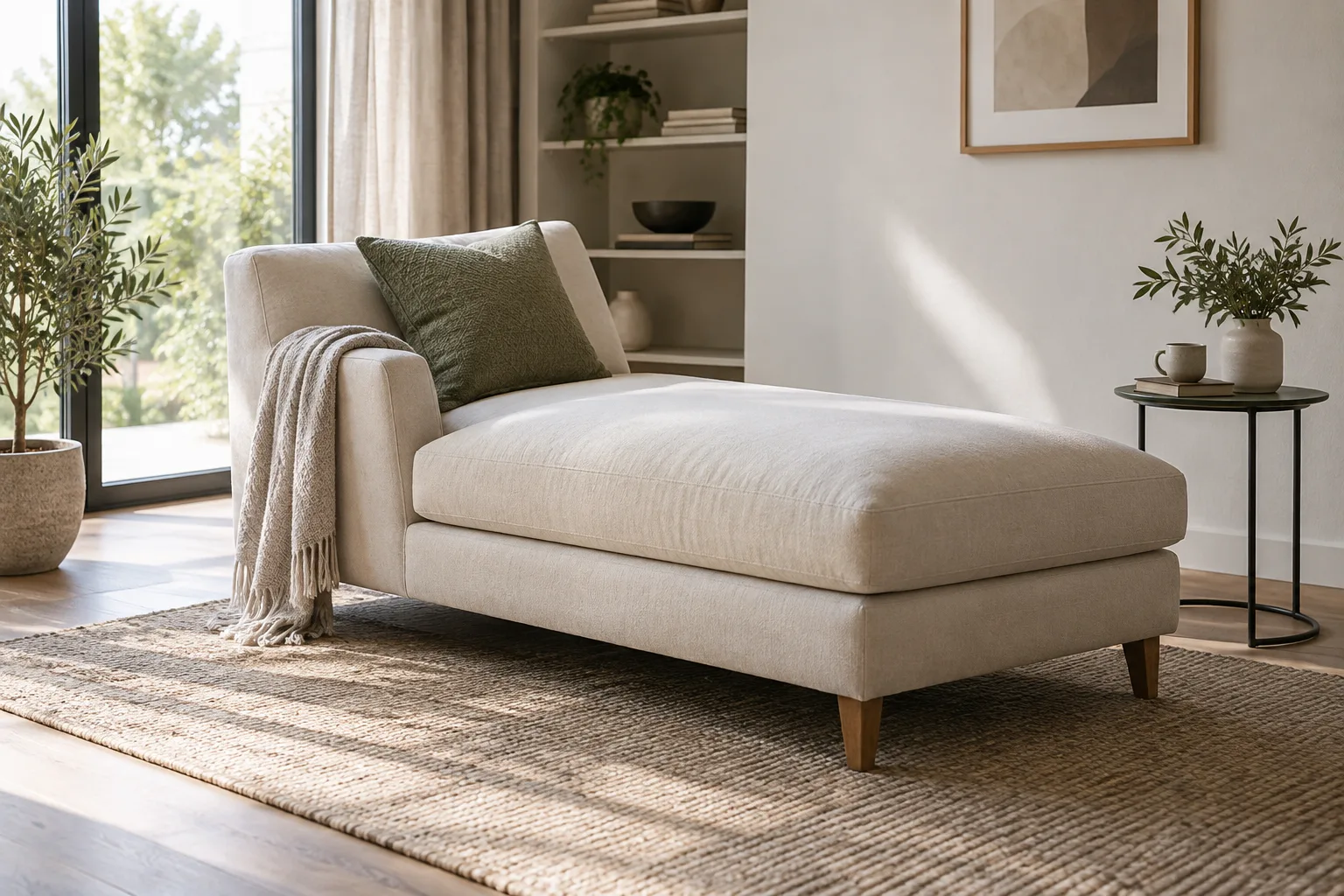 Un coussin placé près du dossier d’une méridienne dont la partie allongée reste dégagée.
