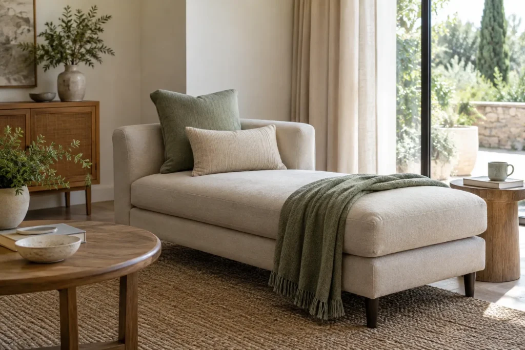 Une méridienne claire avec un coussin carré et un coussin rectangulaire près du dossier, laissant une partie de l’assise libre.