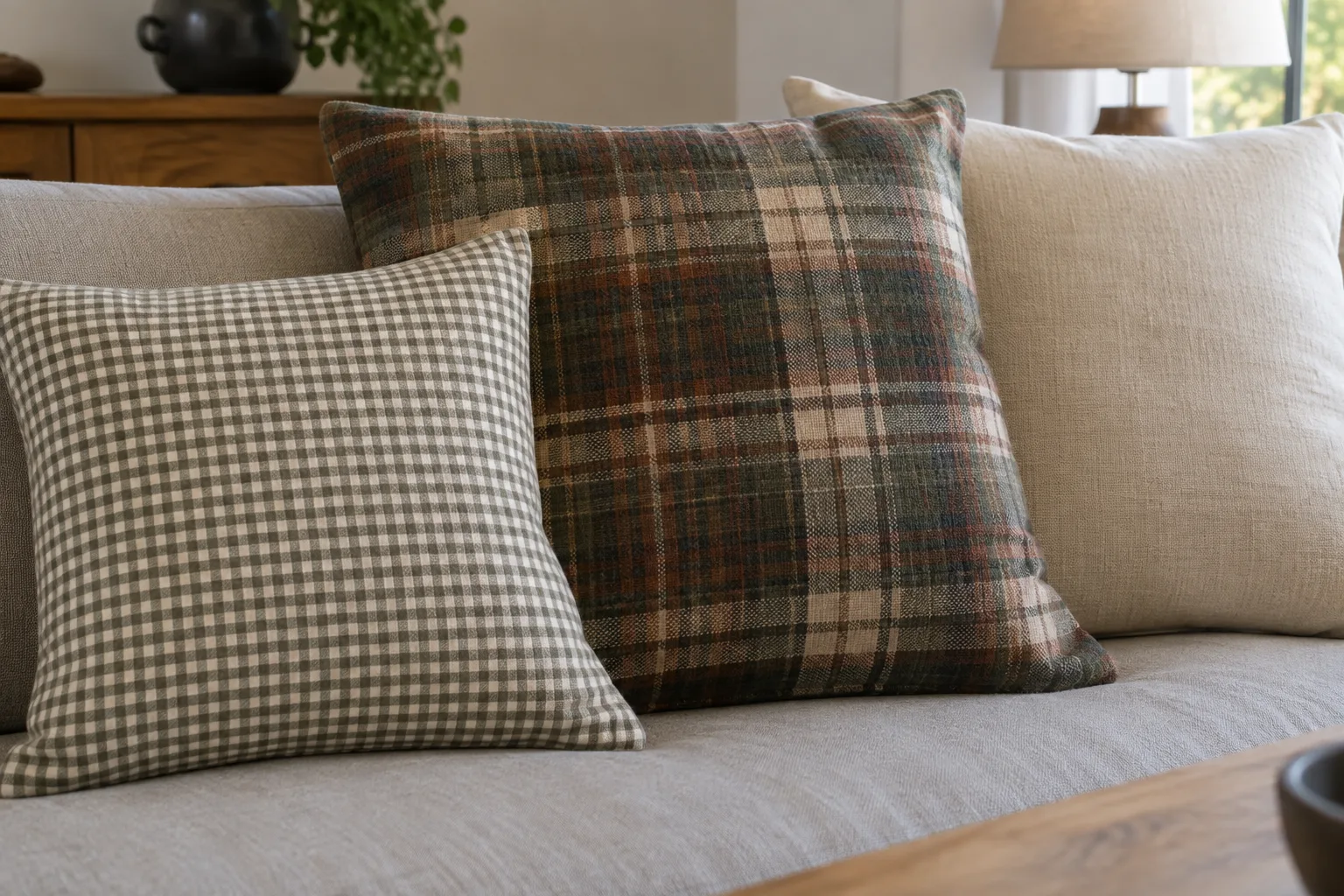 Un petit coussin vichy côtoie un coussin tartan plus dense et un modèle uni clair.