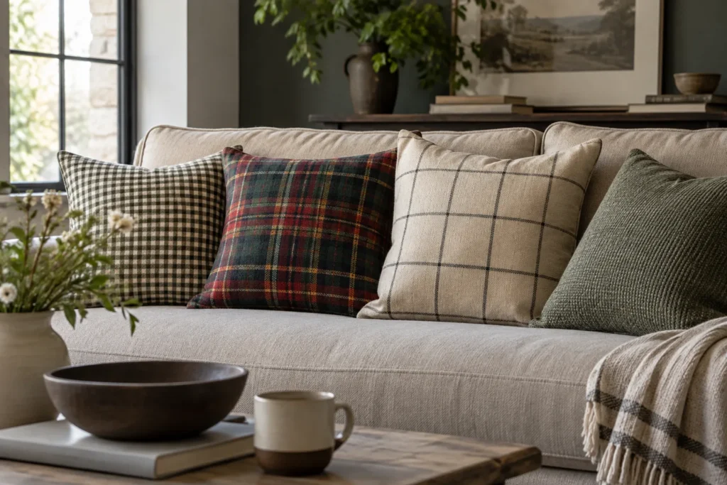 Sur un canapé, des coussins à petit vichy, tartan et carreau-fenêtre sont associés à un modèle uni texturé.
